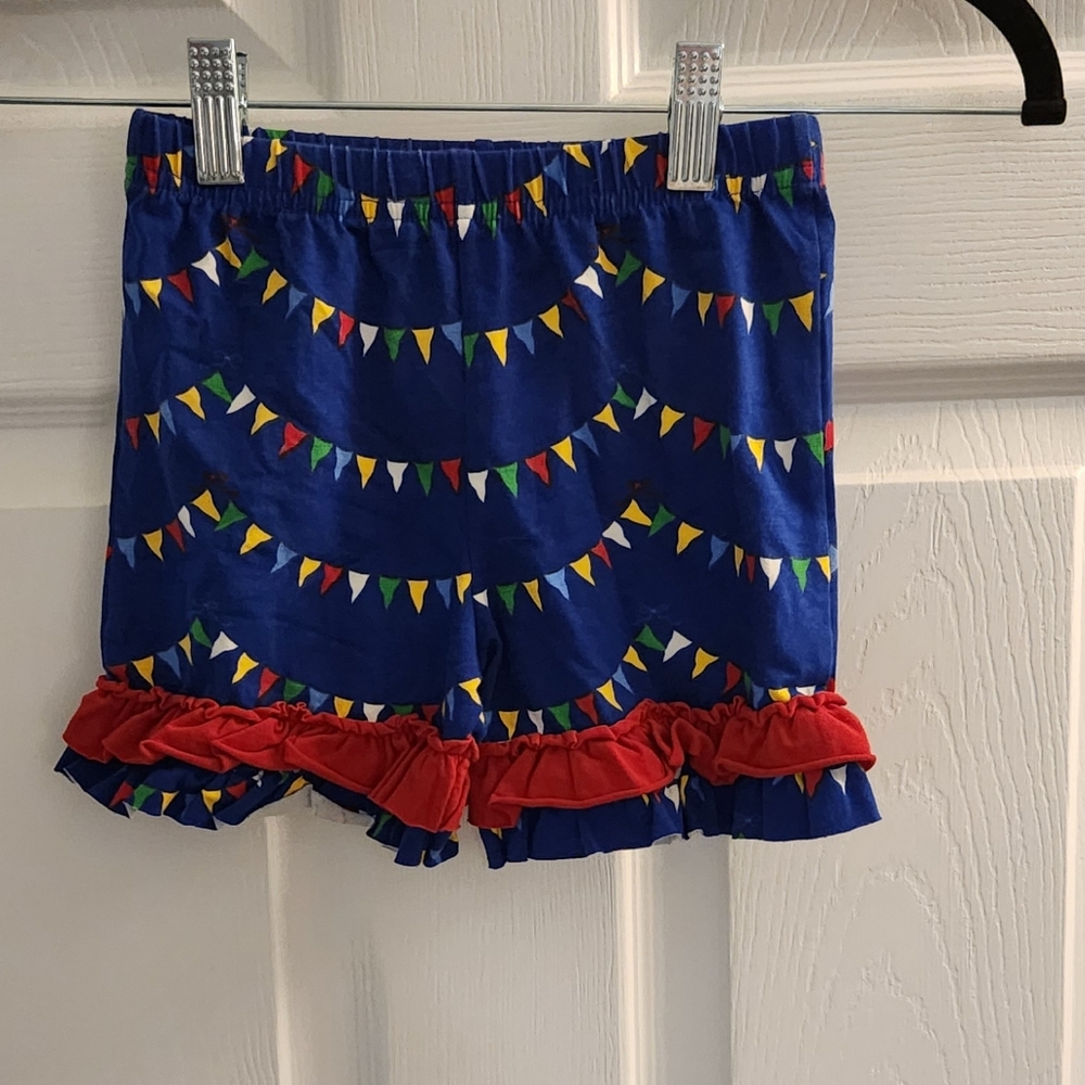 Eleanor Rose Blue Ruffle Shorts with Colorful Flags